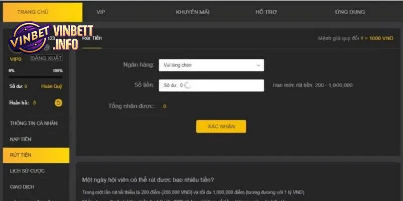 Vinbet hỗ trợ nhiều phương thức rút tiền như ngân hàng và ví điện tử